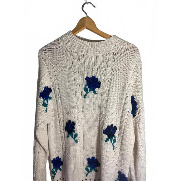 Vintage Country Suburbans Hand Knit Wool Blend Sweater /Blue Floral Pattern M - Picture 2 of 9